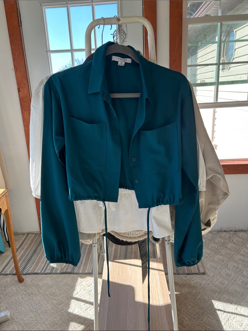 FAVLUX Teal Button-Front Drawstring Crop Shirt - Picture 5 of 7